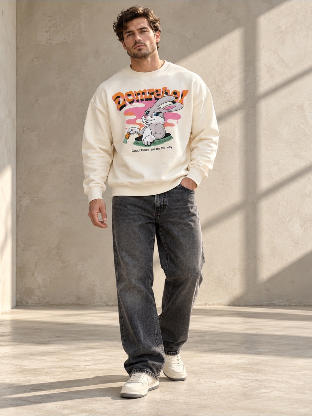 DOMREBEL Carrot Rabbit Graphic Sweatshirt Cream Cotton Made in Canada US XL